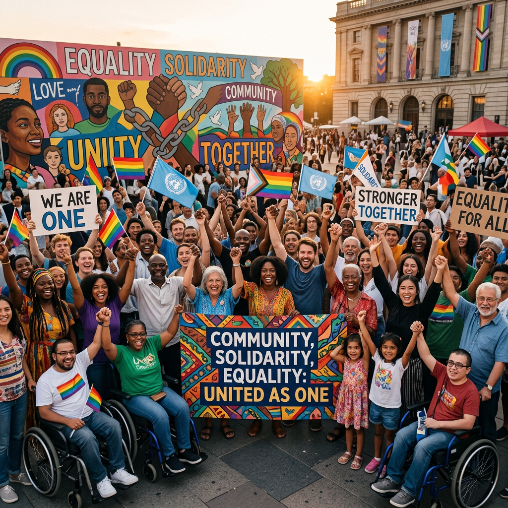 Large diverse crowd holding signs and flags promoting equality, solidarity, and unity
