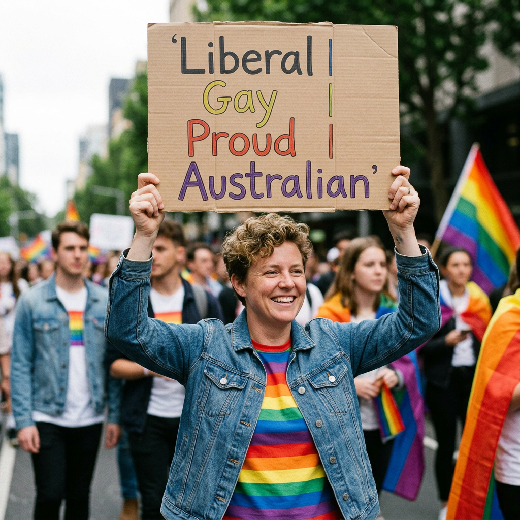 Person holding a sign that says 'Liberal Gay Proud Australian' at a Pride march