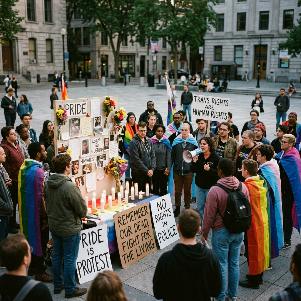 People holding candles and signs advocating LGBTQ+ rights and trans rights vigil