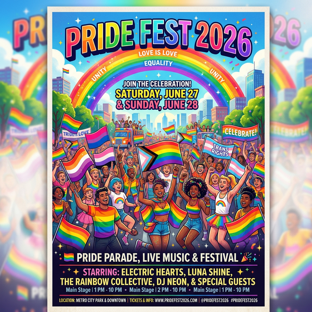 Diverse crowd celebrating with various pride flags under a rainbow arch