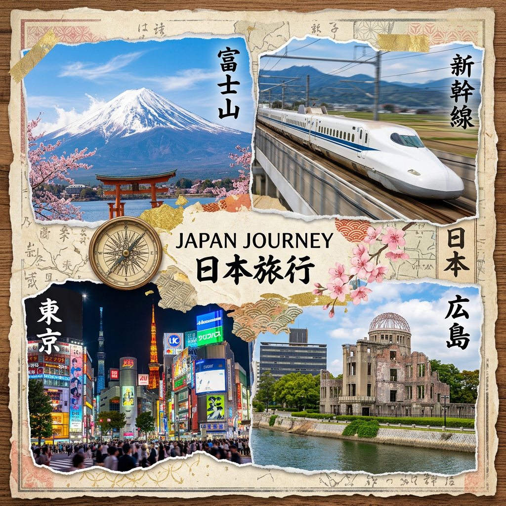 Collage of Mount Fuji, Shinkansen train, Tokyo city lights, Hiroshima Peace Memorial with Japanese text
