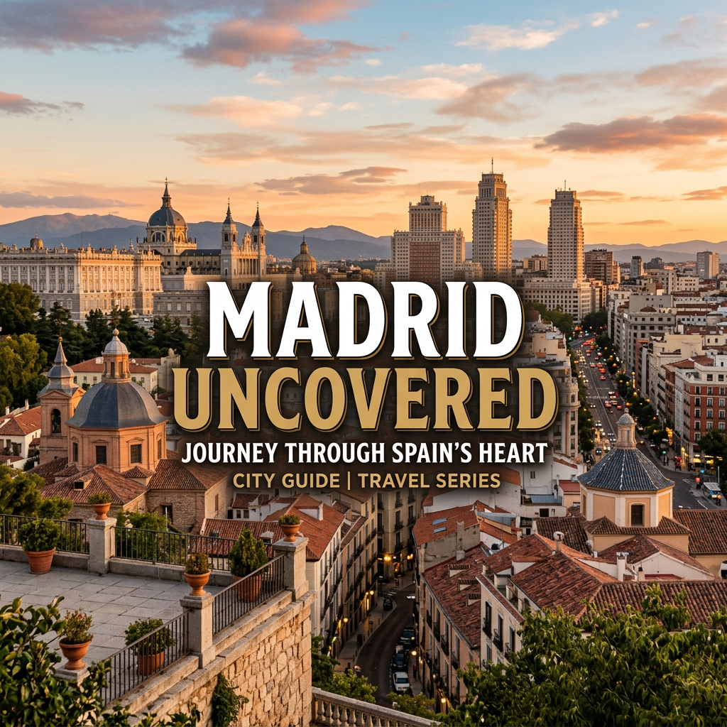 Sunset view of Madrid cityscape with historic buildings, rooftops, and modern skyscrapers