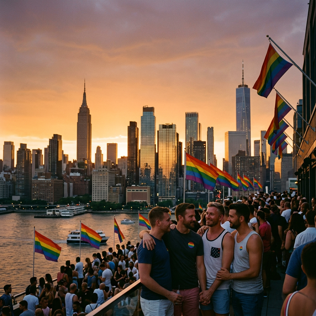 Crowd gathered by water with rainbow Pride flags and New York City skyline at sunset