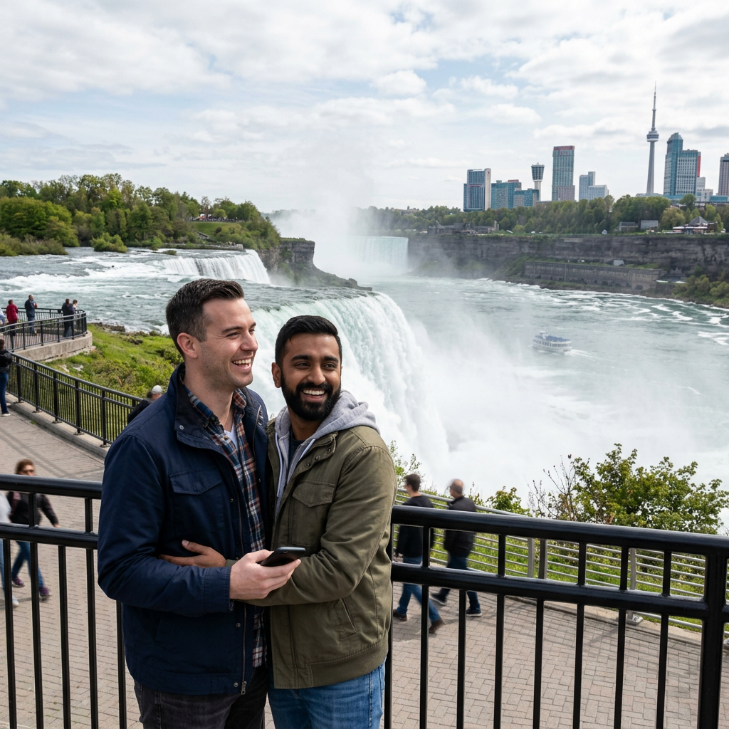 Two men hugging near a railing with Niagara Falls and city buildings behind them