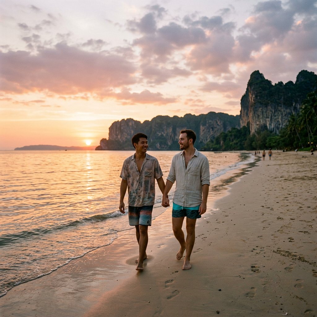 Two men holding hands walking barefoot along sandy beach at sunset with rocky cliffs in background
