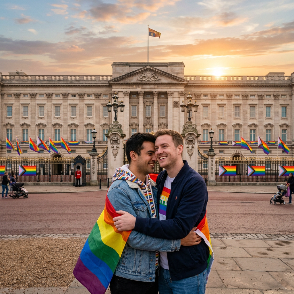 Two men embracing wrapped in rainbow flags outside Buckingham Palace decorated with Pride flags