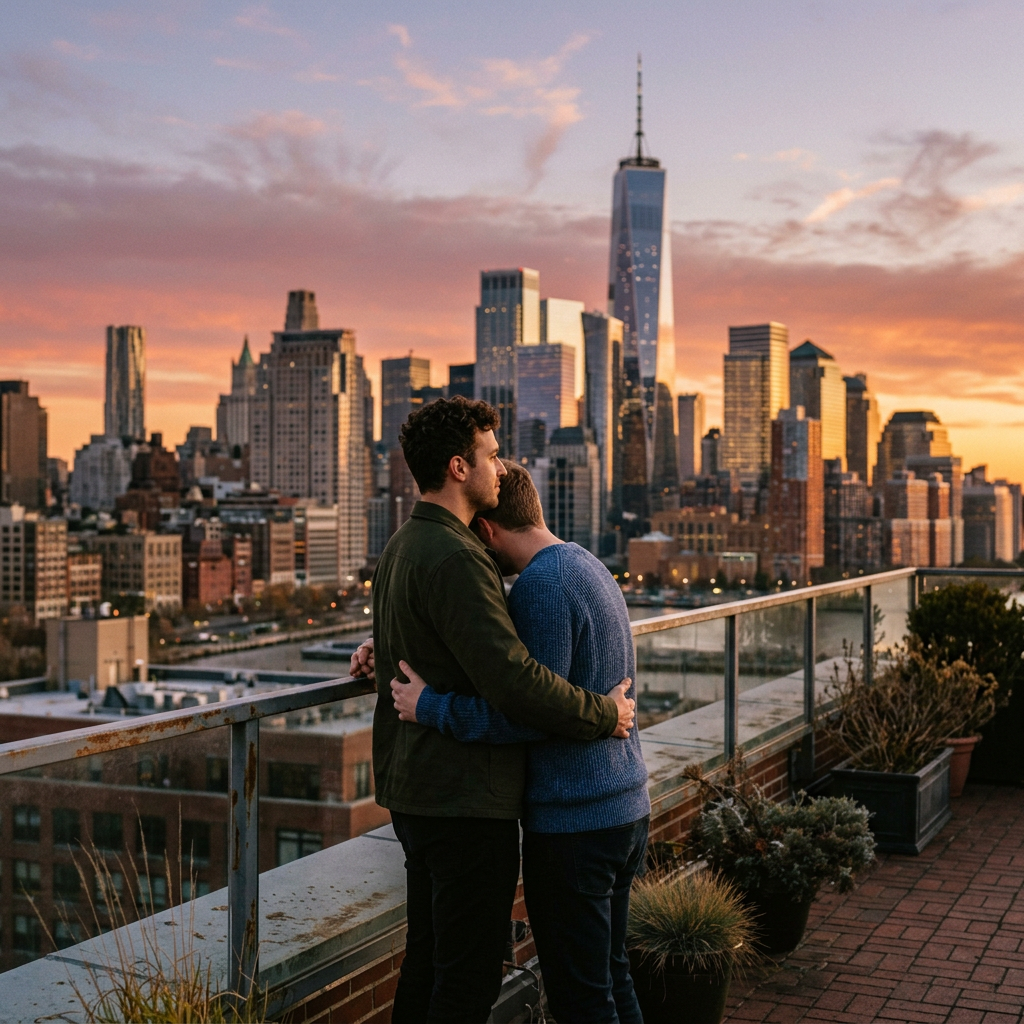 Two men hugging on rooftop with city skyline and sunset in background