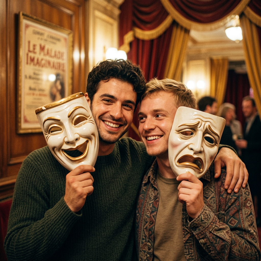 Two young men holding comedy and tragedy theater masks while smiling and standing close together