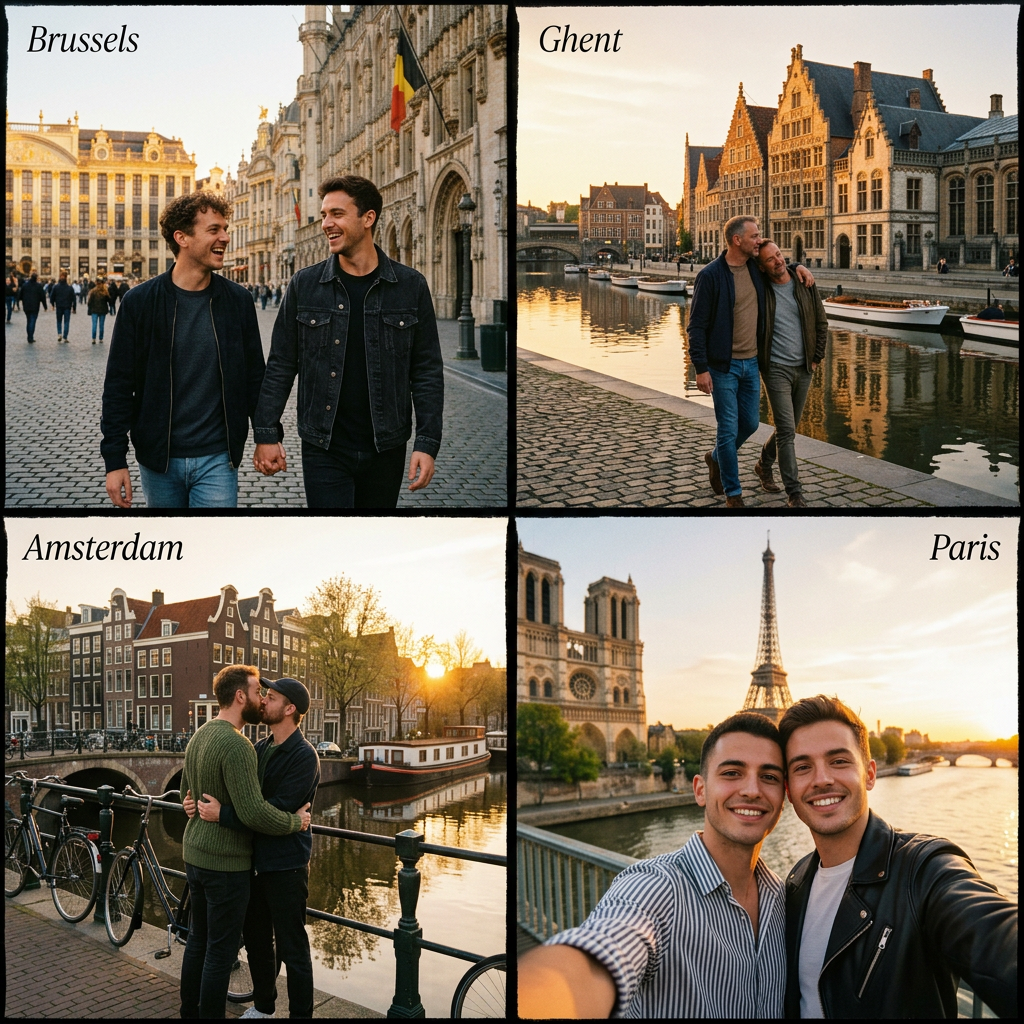 Couples enjoying romantic moments at famous European city landmarks