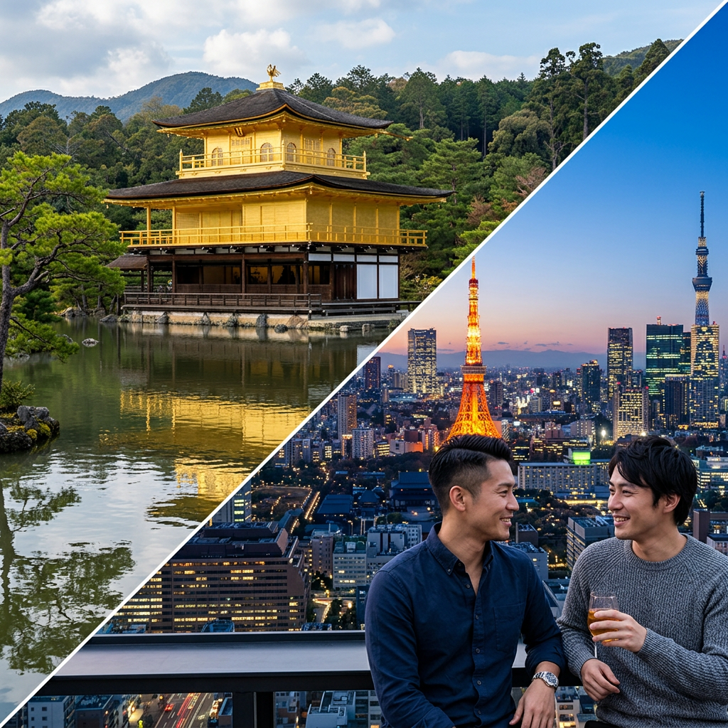Golden Kinkaku-ji temple reflected in water and two men enjoying drinks with Tokyo skyline at dusk