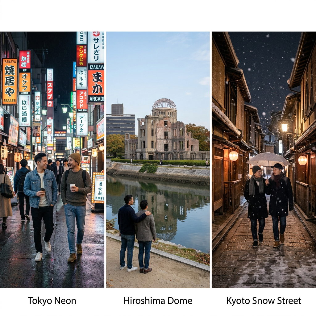 Tokyo neon street with people, Hiroshima Dome by water with couple, Kyoto snowy street with umbrella