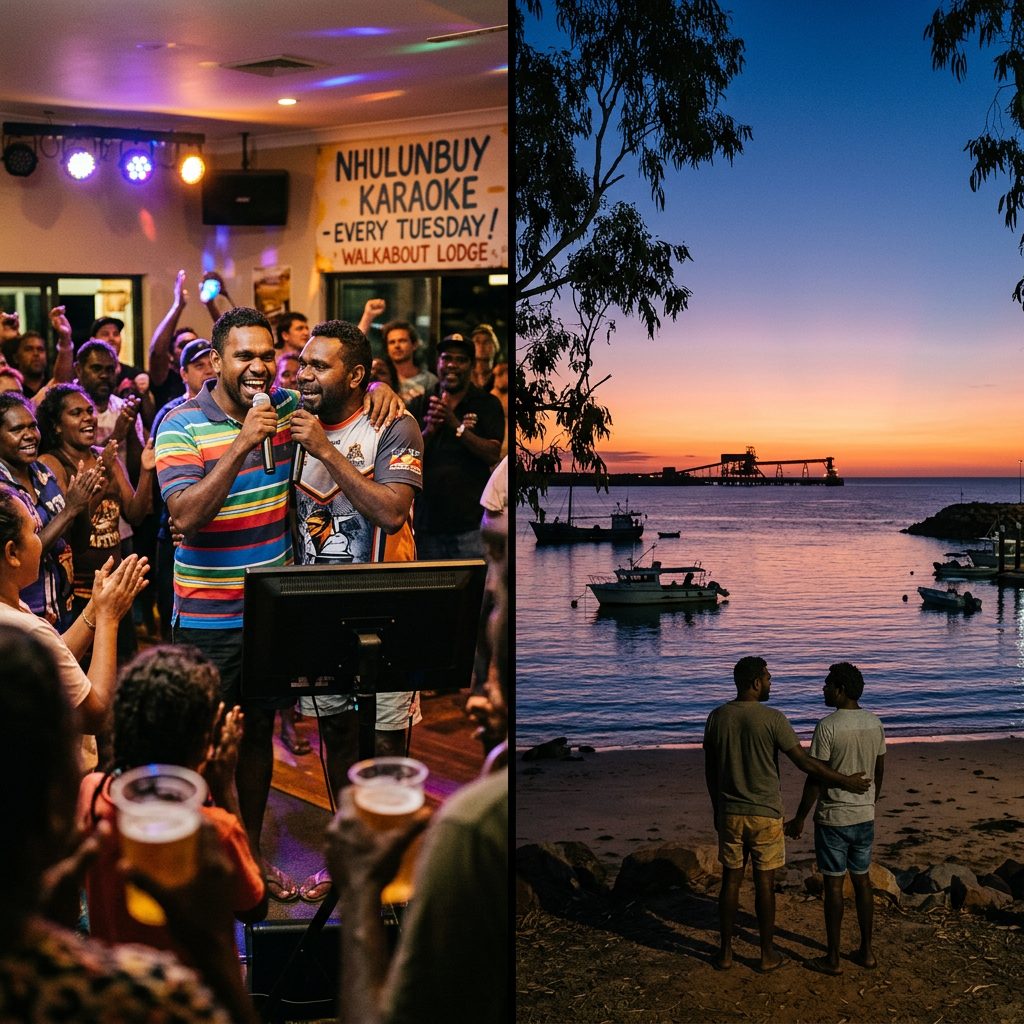 Two men singing karaoke in a lively bar and two men holding hands standing on a beach at sunset with boats in the water