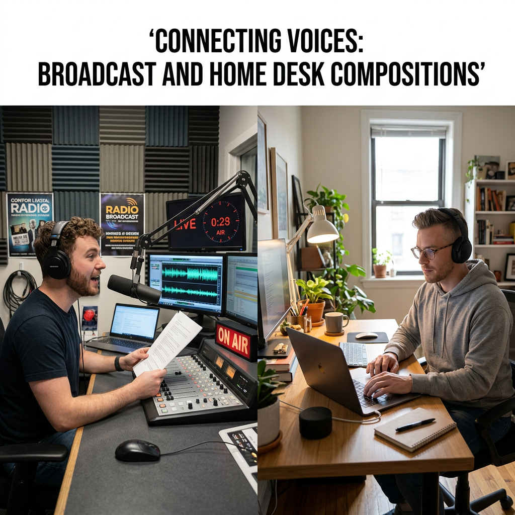 Radio host speaking into microphone in studio; person working with laptop and headphones at home desk
