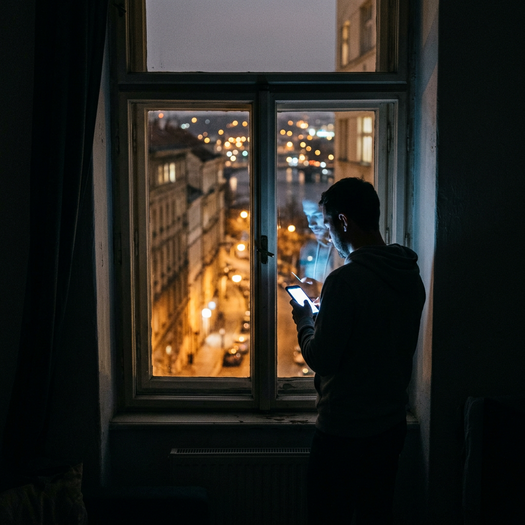 Man standing by a window at night looking at his illuminated smartphone with city lights outside
