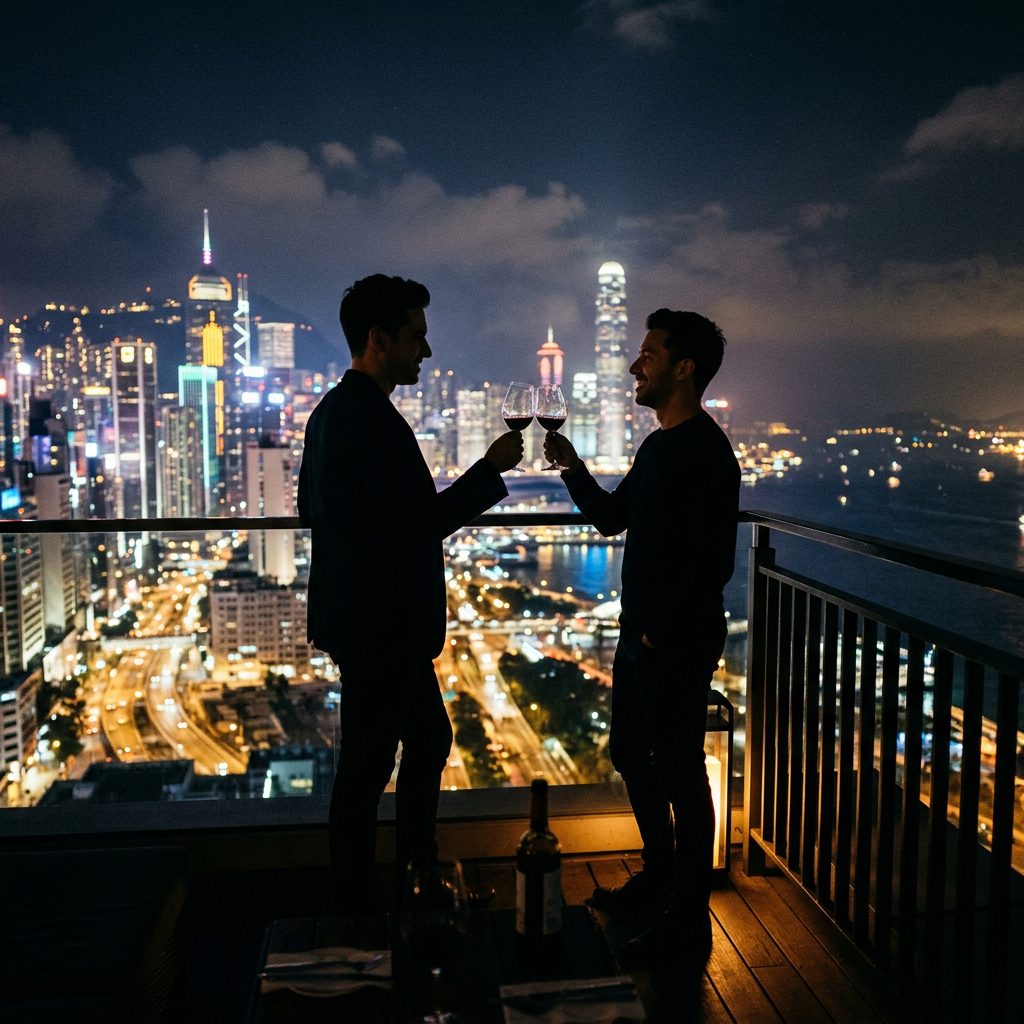 Two men clinking wine glasses on rooftop with city lights in background