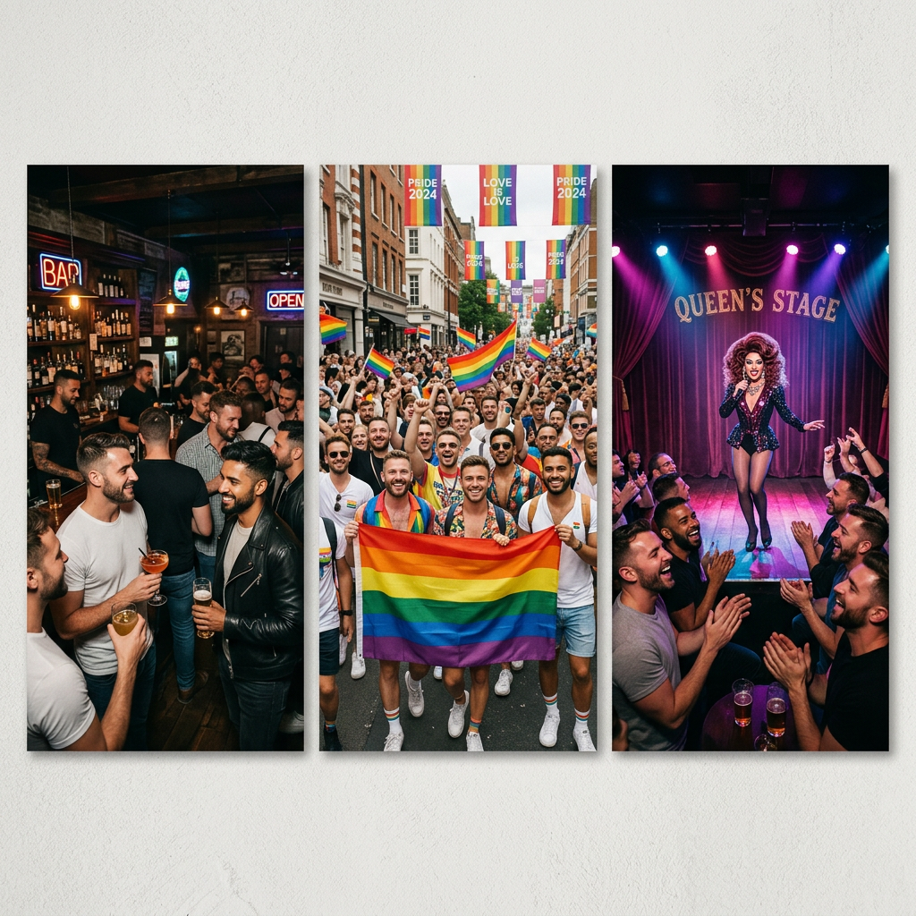 Crowd celebrating LGBTQ+ pride with rainbow flags, people socializing at a bar, and a drag queen performing on stage.