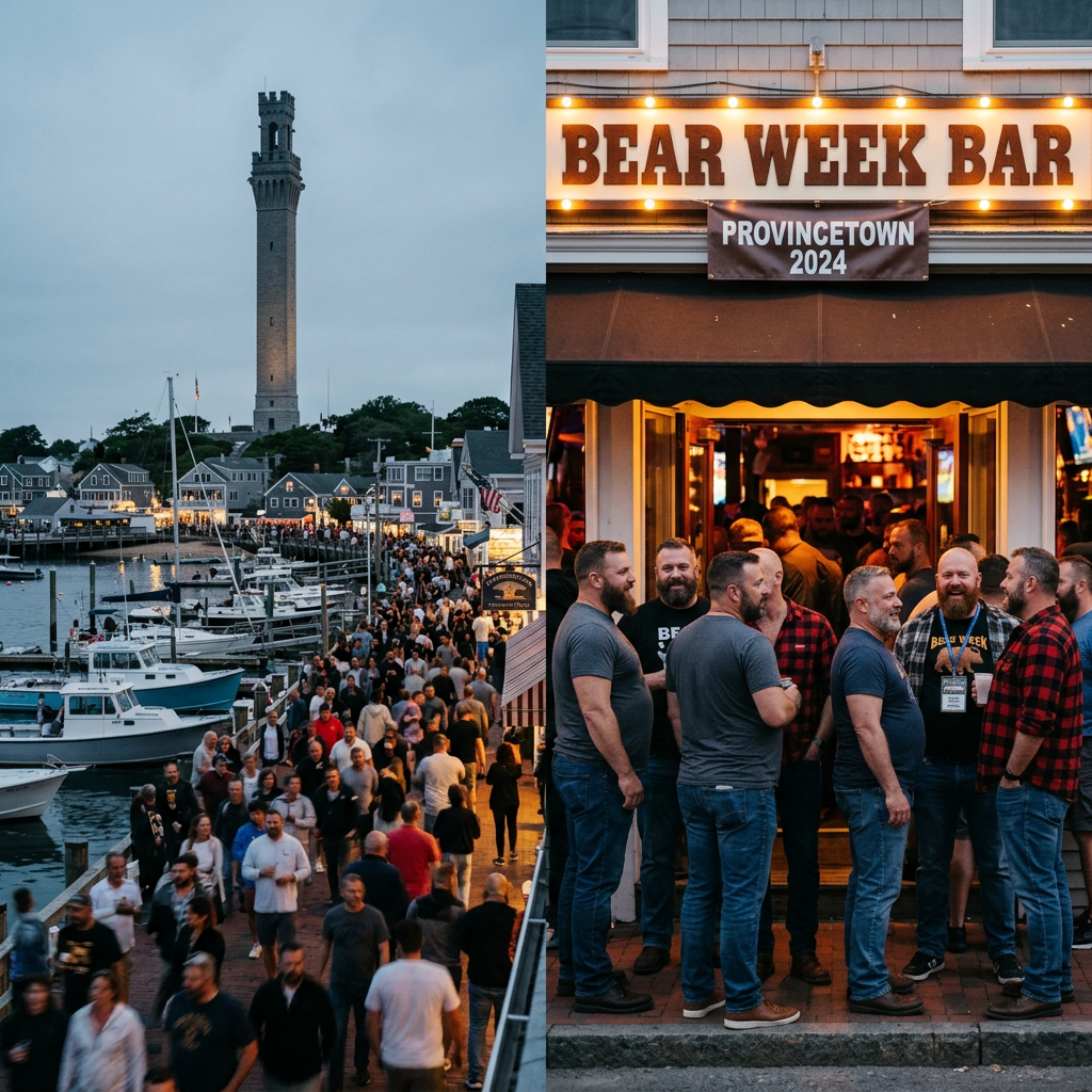 Crowds walking along Provincetown waterfront near Pier 4 and a group chatting outside Bear Week Bar