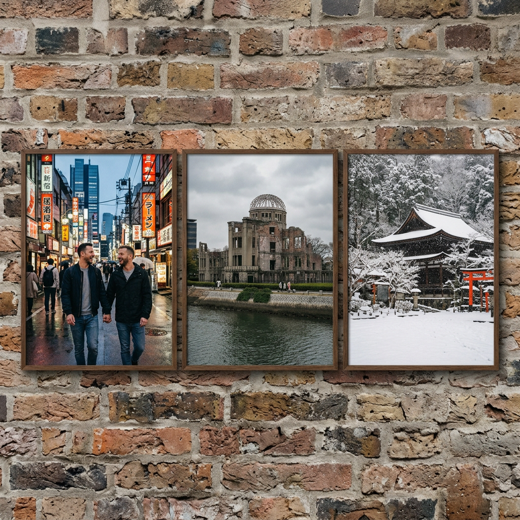 Left photo of two men walking in a busy Japanese street with neon signs; middle photo of Hiroshima Peace Memorial by a river; right photo of a traditional Japanese temple covered in snow