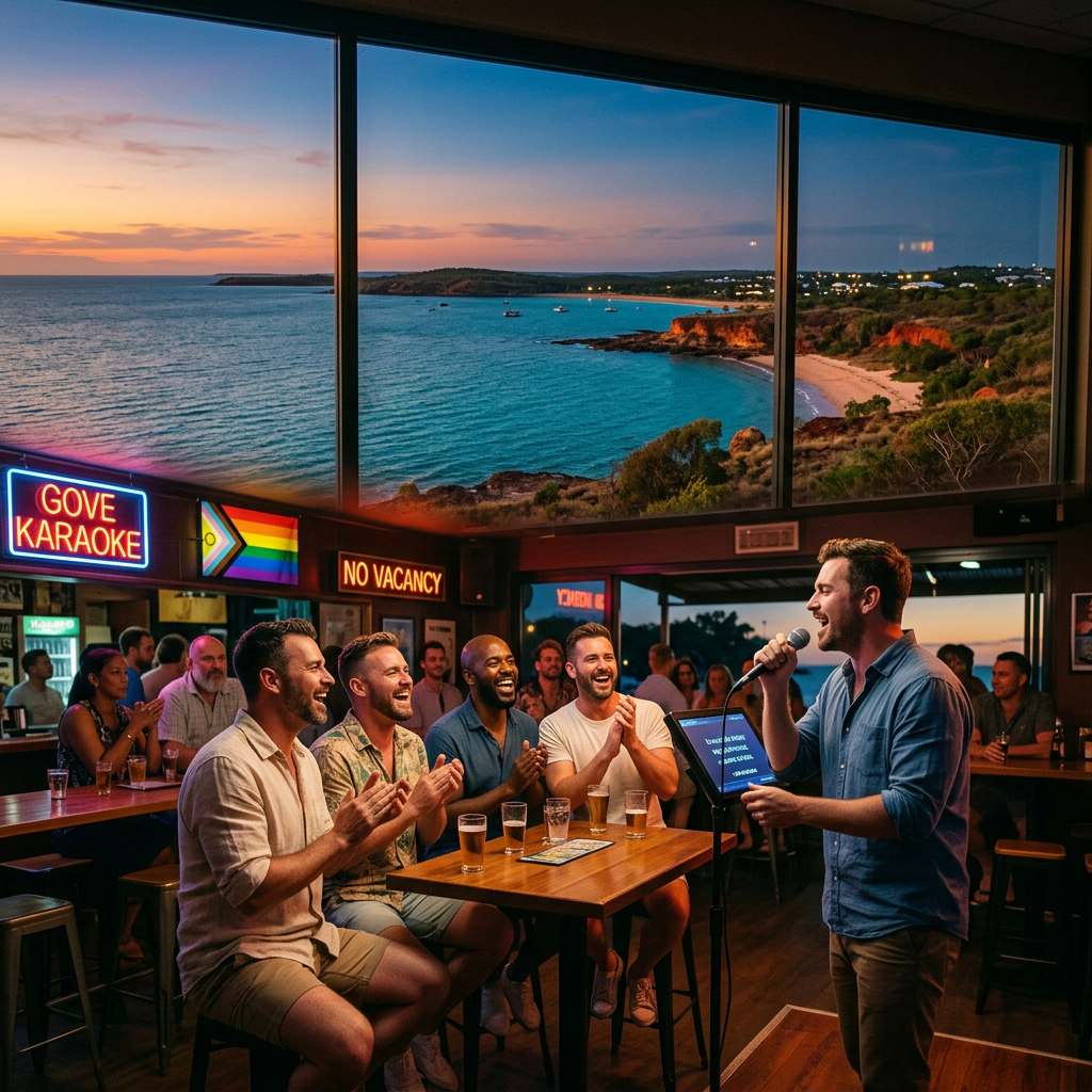 Group of friends clapping and cheering a man singing karaoke inside a bar overlooking a coastal sunset