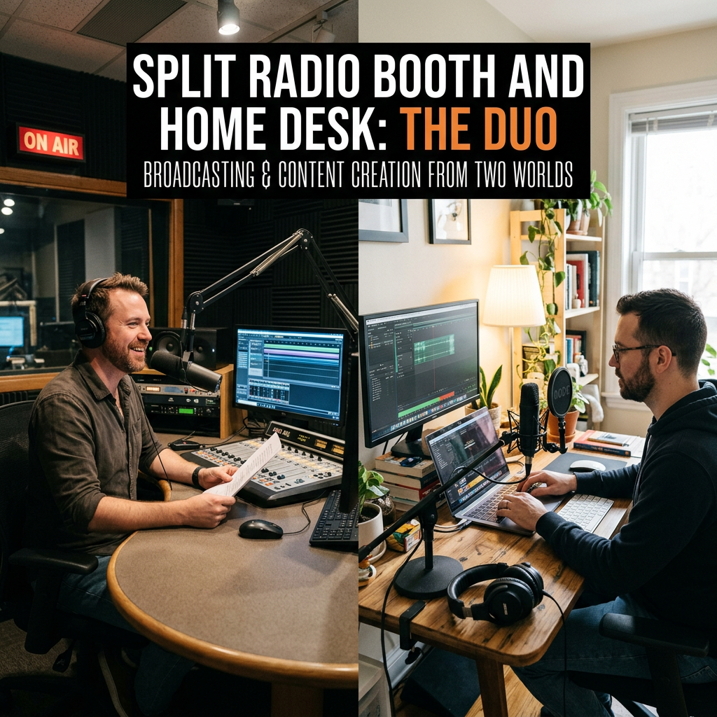 Man speaking into a microphone in a radio booth and another man working on a laptop with audio equipment at a home desk