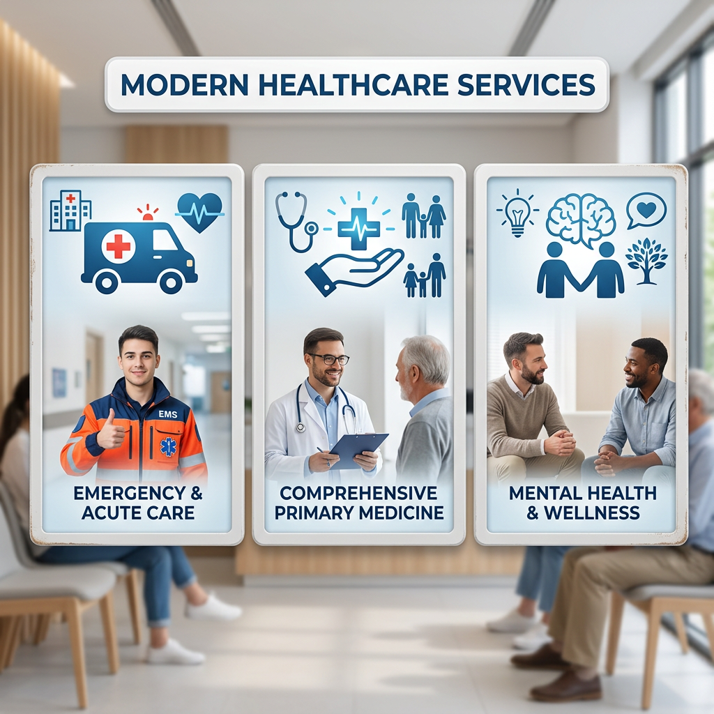 Panels showing emergency and acute care, comprehensive primary medicine, and mental health and wellness services