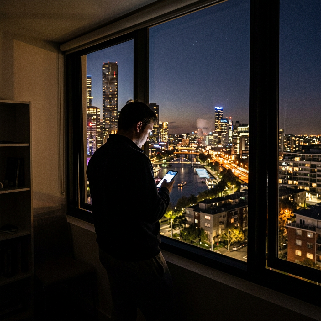 Man using smartphone beside window with illuminated city skyline at dusk