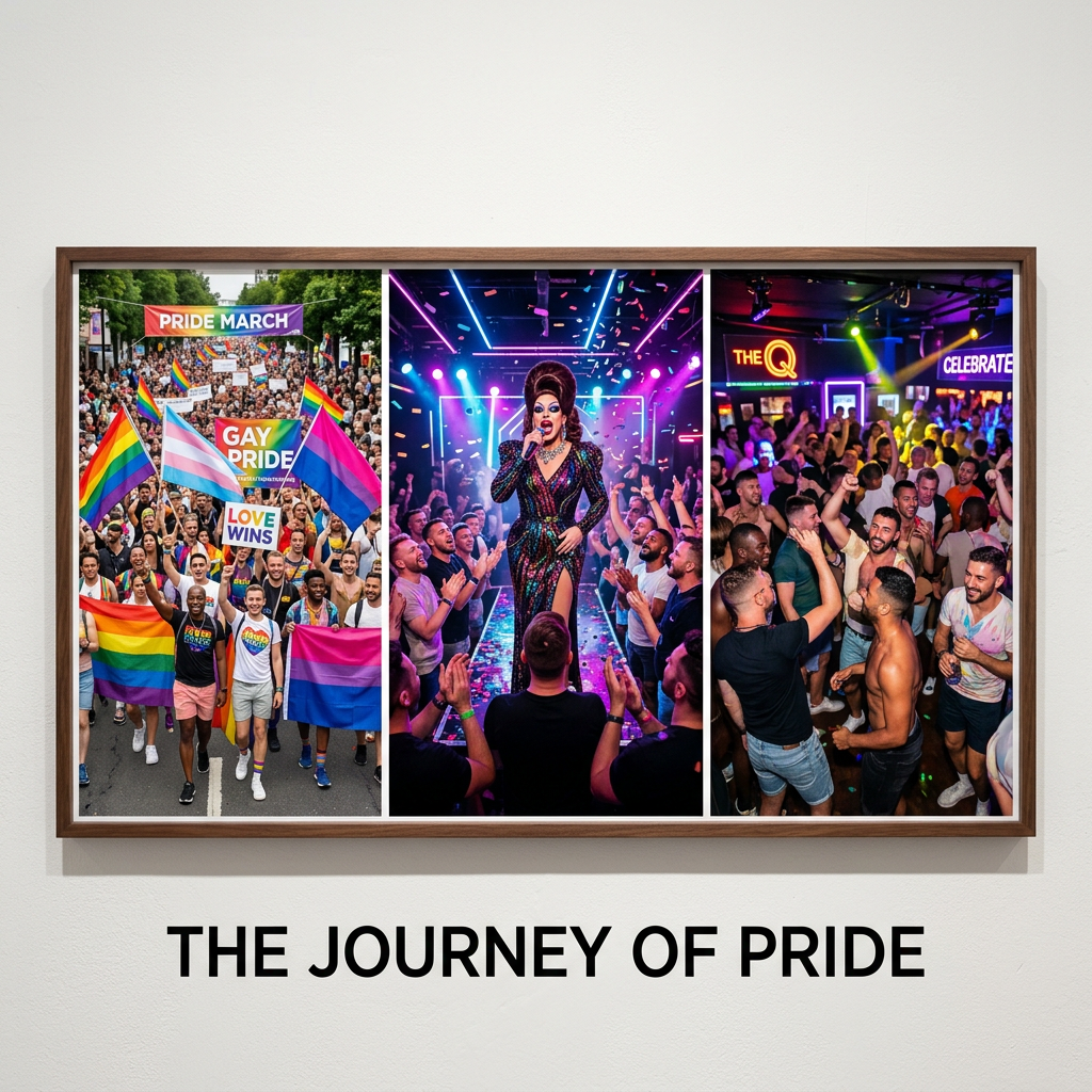 Crowd at pride march with flags; drag performer on stage with audience; people dancing in nightclub