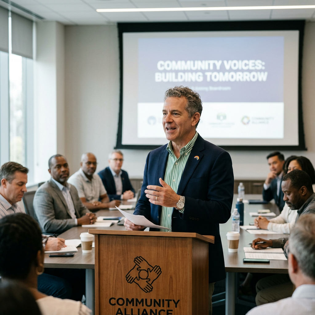 Man speaking at podium during community meeting with people listening