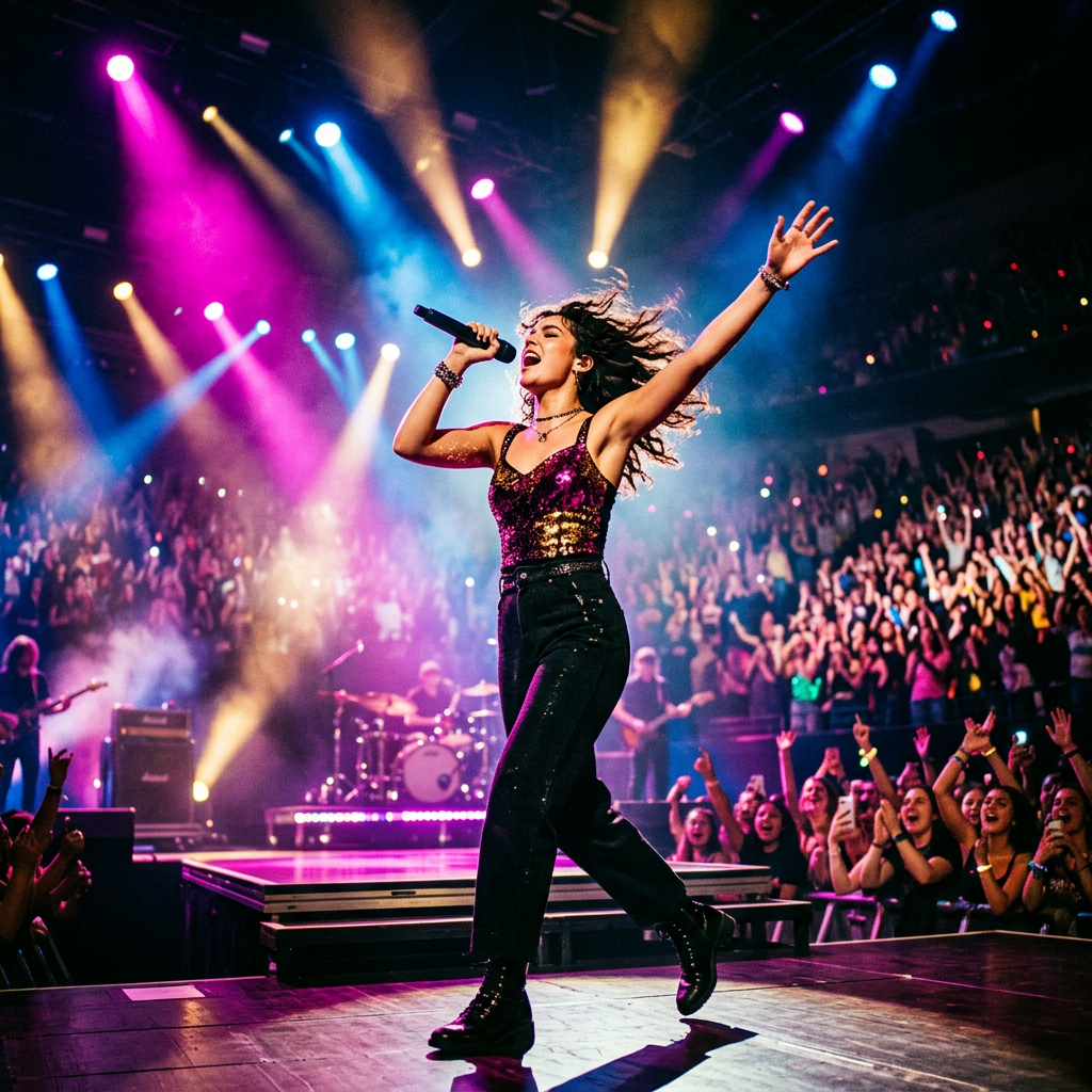 Singer performing with microphone before an excited concert crowd